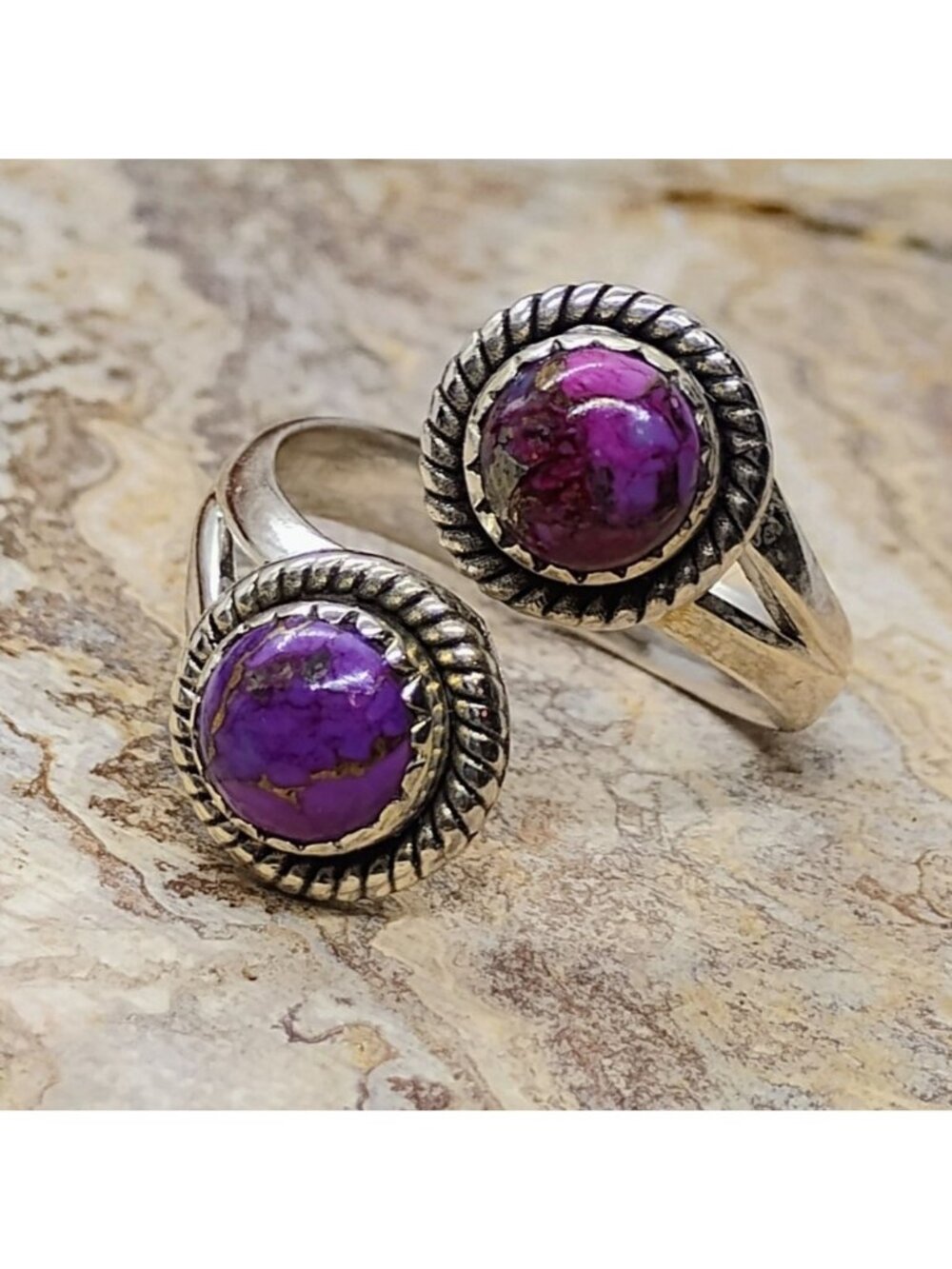 Handmade Sterling Silver Purple Copper Turquoise Bypass Ring Adjustable Size